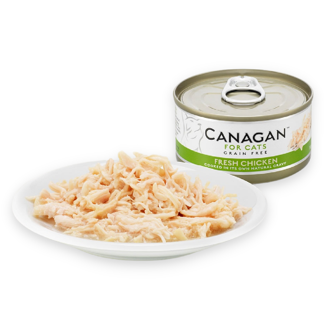 Canagan Fresh Chicken Cat Food Tin 75g. It is served on a plate beside the tin. Chunky Texture