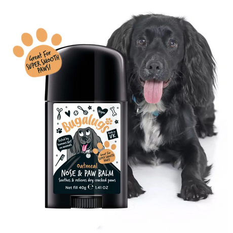Stick of Bugalugs Nose and Paw Balm in front of a black dog.