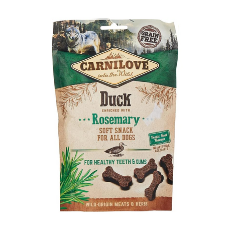 Carnilove Duck with Rosemary soft Snack dog treats against a white background.
