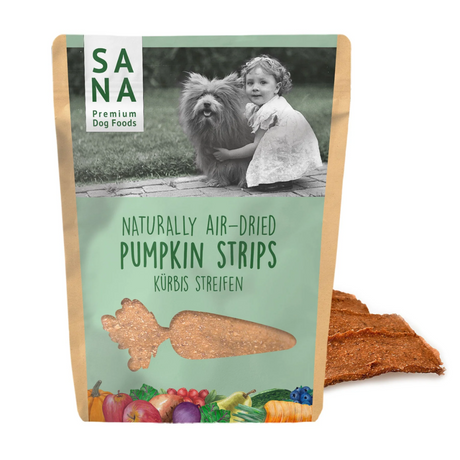Bag of Sana Pumpkin Strips in front of the Pumpkin Strip treats