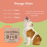 Dosage chart per day - Dogs up to 25lbs - 1 chew. 26 to 75lbs - 2 chews. Over 75lbs - 3 chews.