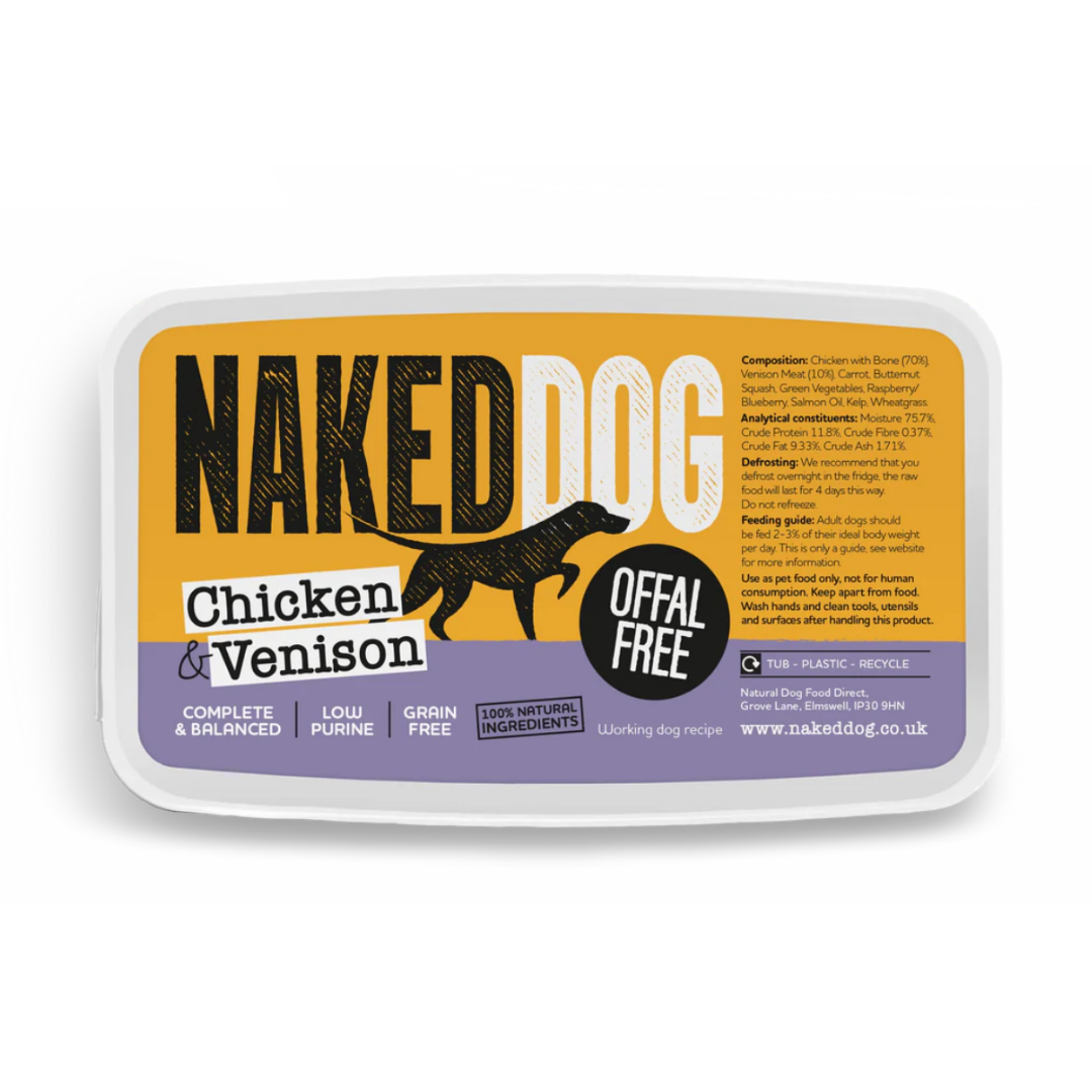 Tub of Naked Dog Offal Free Chicken and Venison Raw Dog Food.