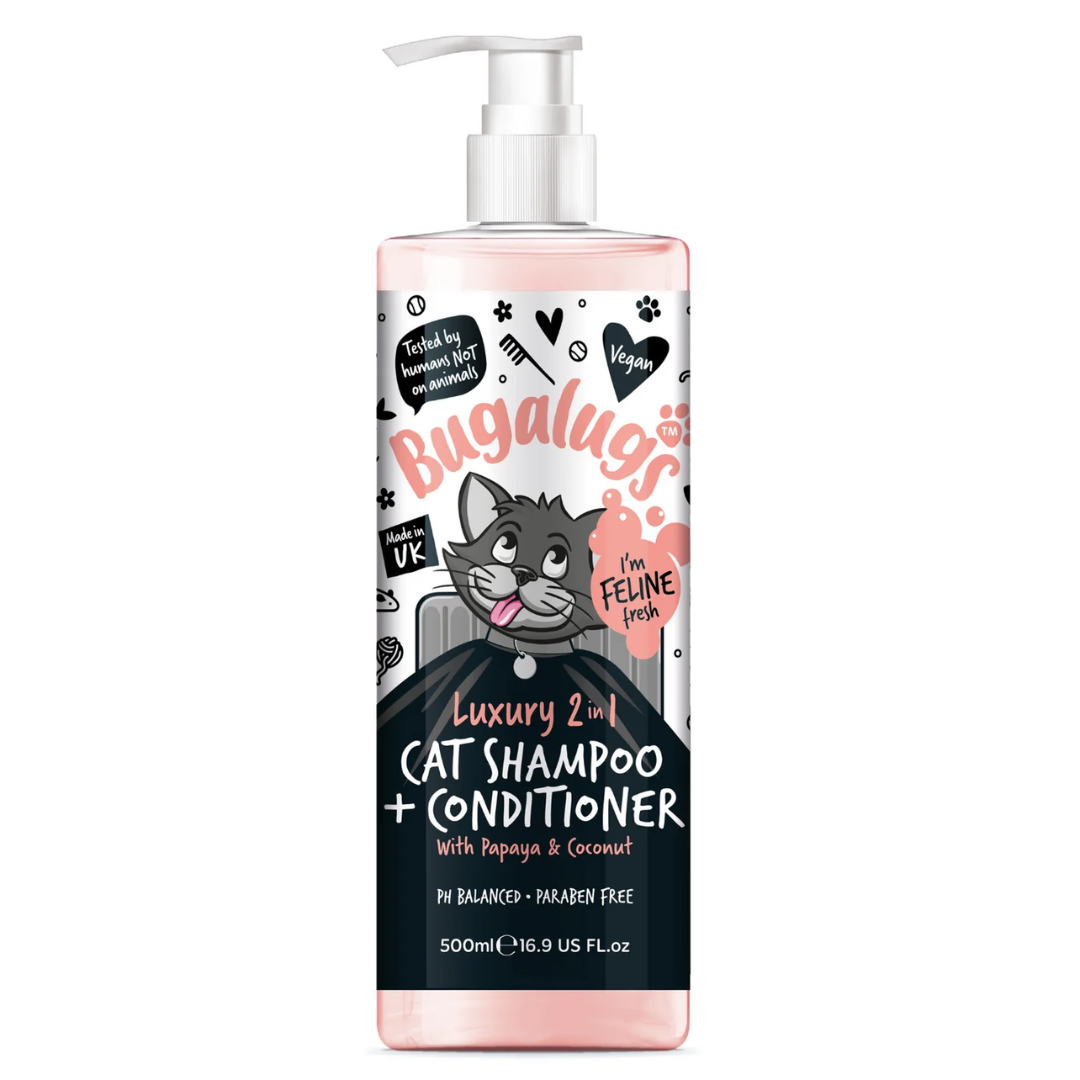 There is a bottle of Bugalugs 2 in 1 Cat Shampoo & Conditioner 500ml against a white background. It has a pump for a lid.