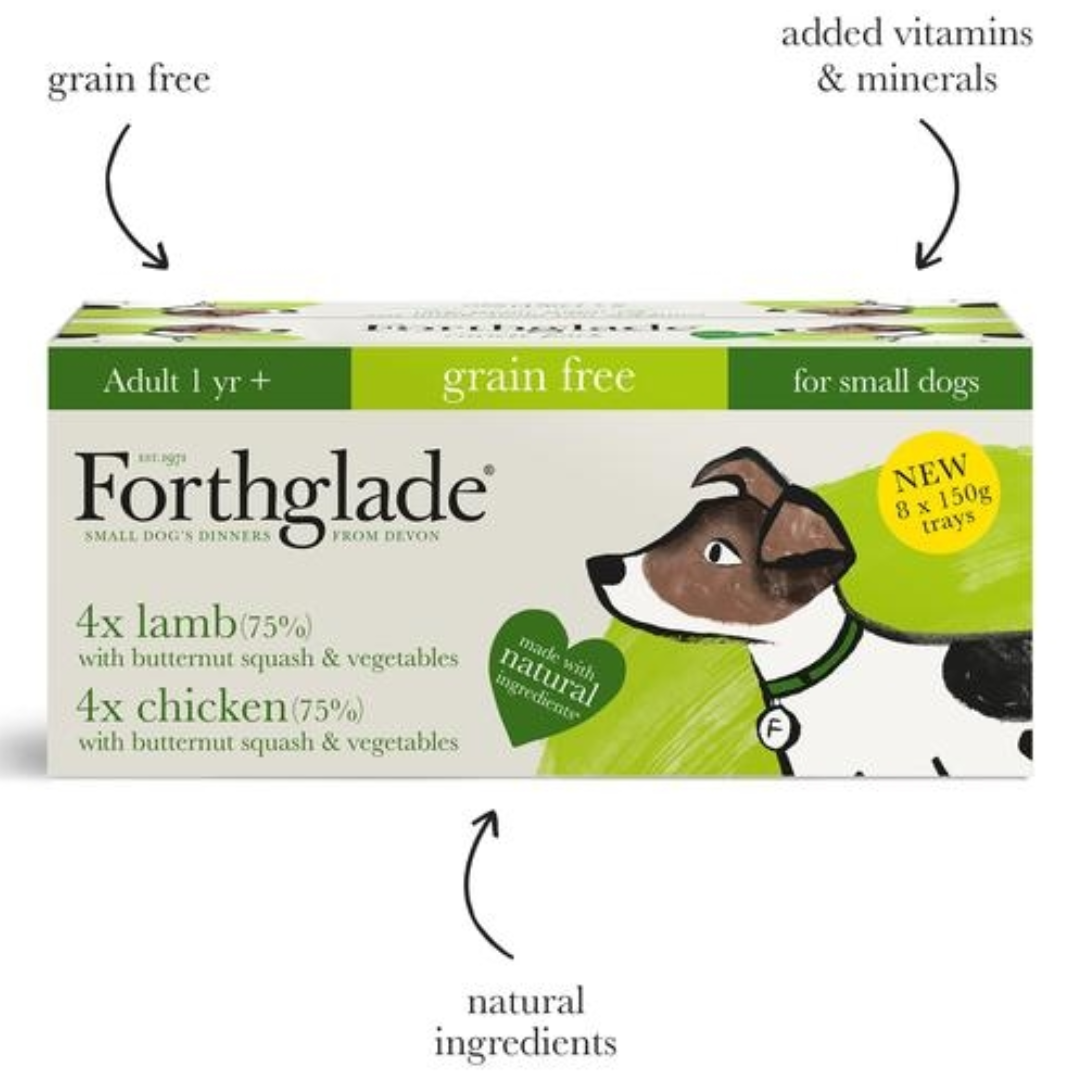 Forthglade Grain Free Small Breed Chicken & Lamb Variety Pack with some key benefits suspended around the box.