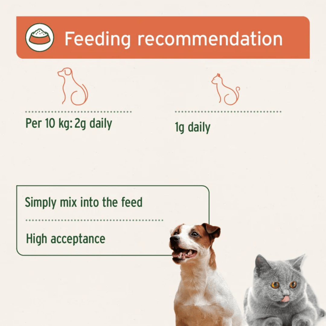 Feeding recommendation for AniForte Rose Hip powder for pets. Dogs: Per 10kg: 2g daily. Cats: 1g per day.