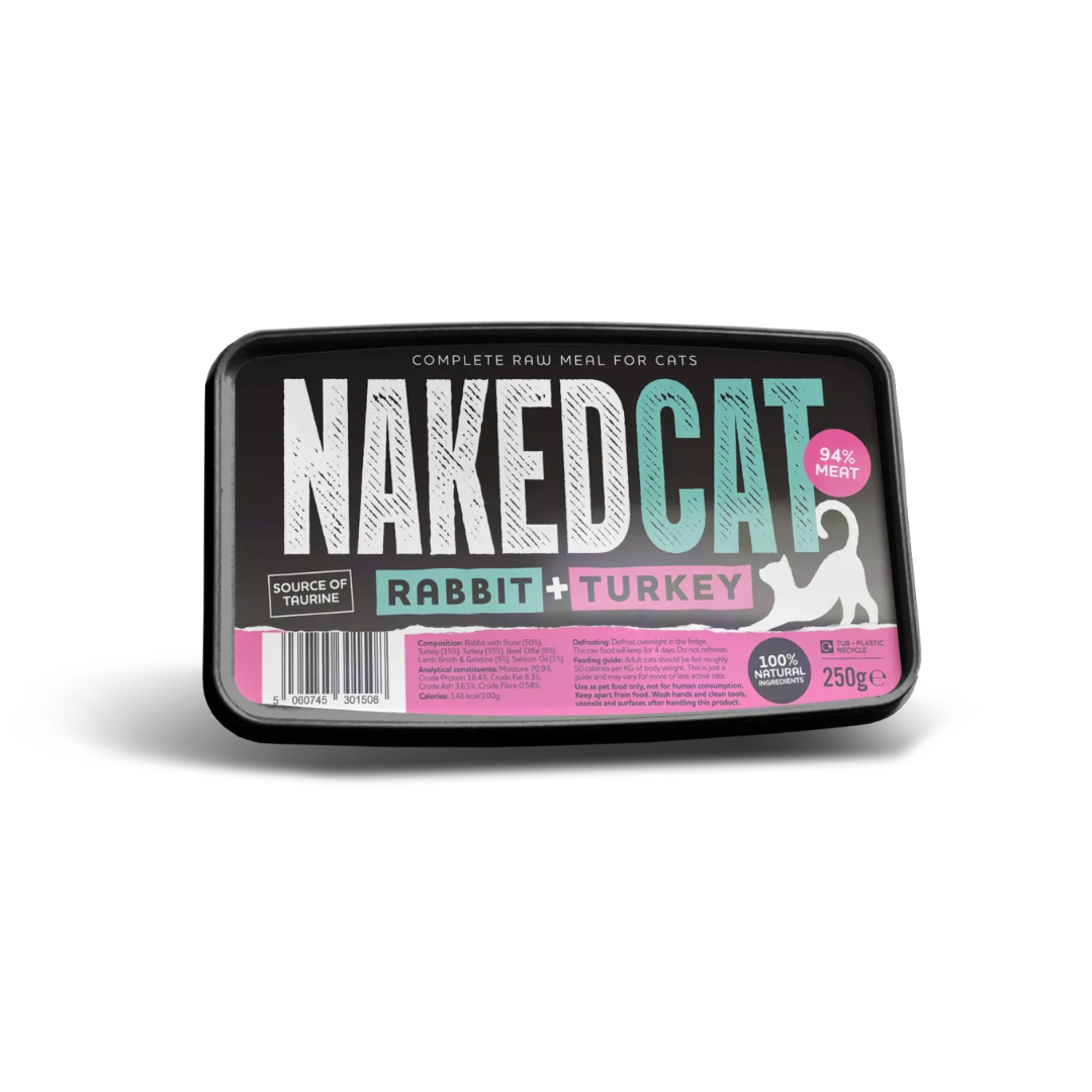 Naked Cat Rabbit and Turkey Complete Raw Meal for Cats.