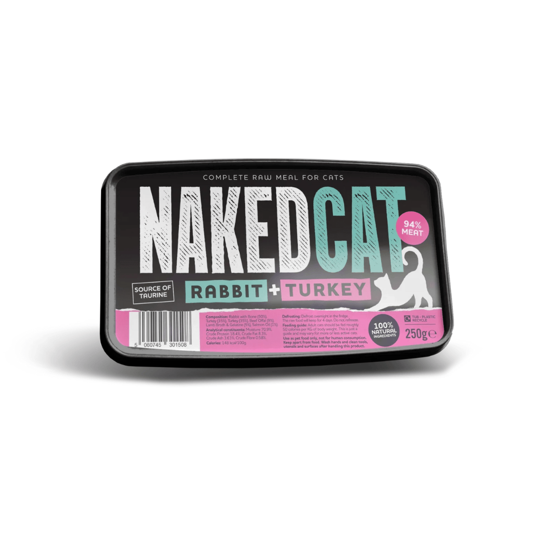 Naked Cat Rabbit and Turkey Complete Raw Meal for Cats.