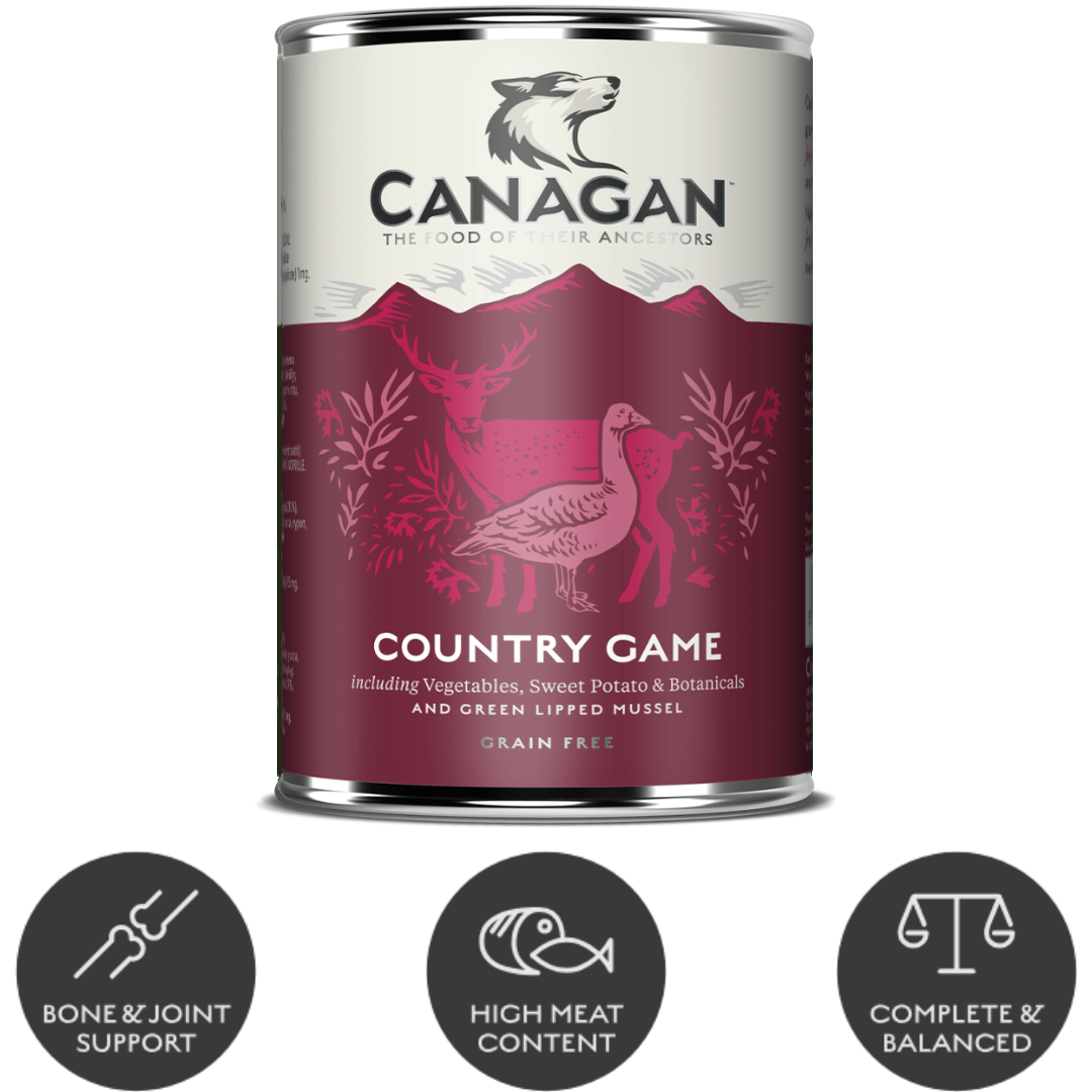 Canagan Country Game Wet Dog Food 400g with some key benefits in bubbles underneath the tin.
