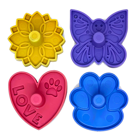 SodaPup Unstoppables - Stopper & Stand for Treat Dispensers. This shows us the four different types.