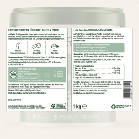The label off of the Aniforte Green-Lipped Mussel Powder 1kg tub. Same information will be on all sizes.