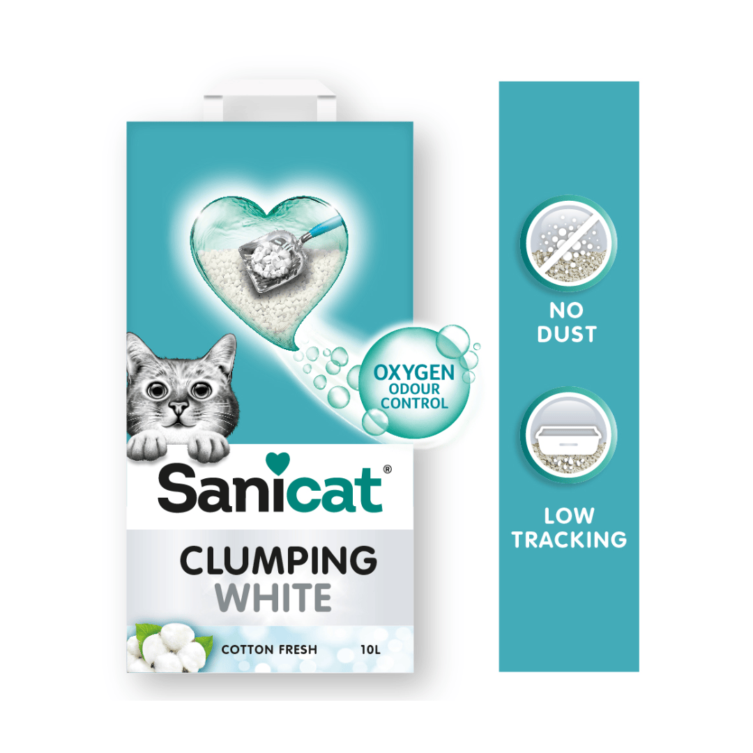 Sanicat clumping white cat litter, cotton fresh. No dust and low tracking.