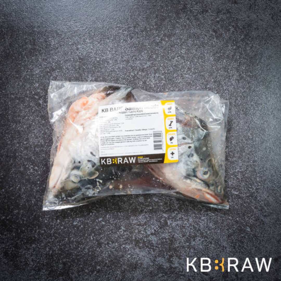 Bag of two raw salmon heads from KB Raw.