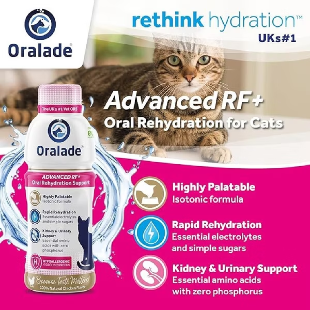 An infographic of the Oralade Advanced RF+ for cats. This lists some key benefits of the product.