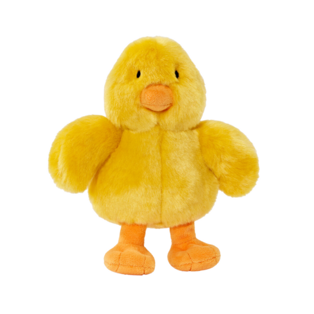 Fluff & Tuff Howie Duck Plush Dog Toy against a white background. Toy is a yellow colour with an orange beak and feet.