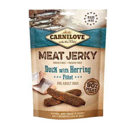 The packaging of the Duck with Herring Jerky Dog Treats against a white background.