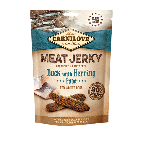 The packaging of the Duck with Herring Jerky Dog Treats against a white background.