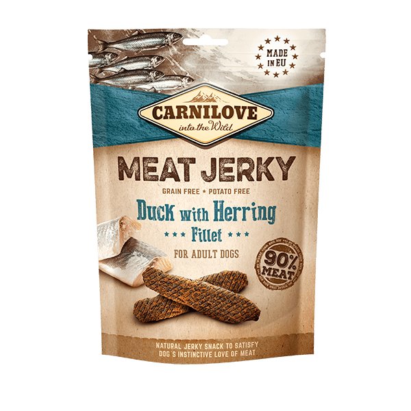 The packaging of the Duck with Herring Jerky Dog Treats against a white background.