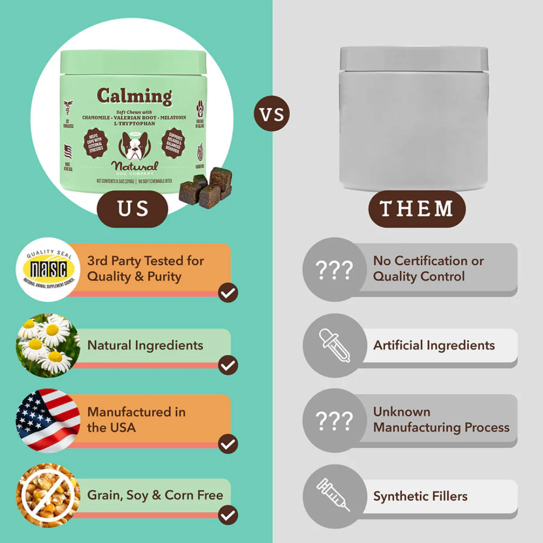 An infographic as to why the Natural Dog Company Supplement Chews is better than other products with the same claims.