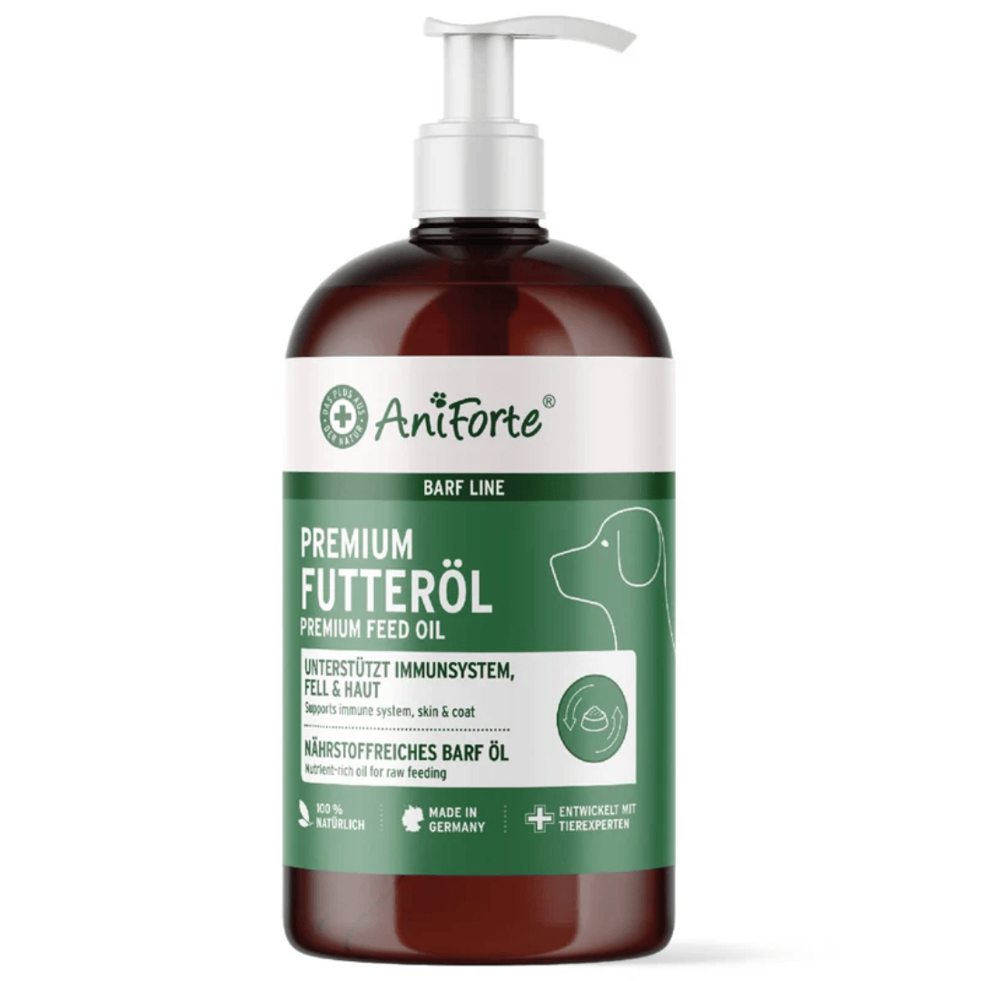 Aniforte Premium Feed Oil 500ml. The bottle has a pump top and is against a white background
