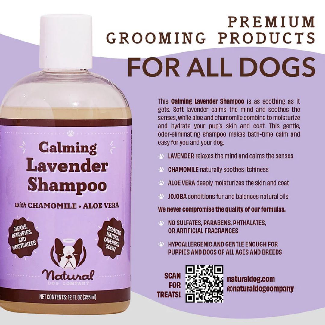 An infographic with all you need to know about the Natural Dog Company Calming Lavender Shampoo