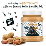 Tub of a Bugalugs Peanut Butter for Dogs along side peanuts in shells, underneath text "Made using the finest peanuts. A natural source of protein and healthy fats."