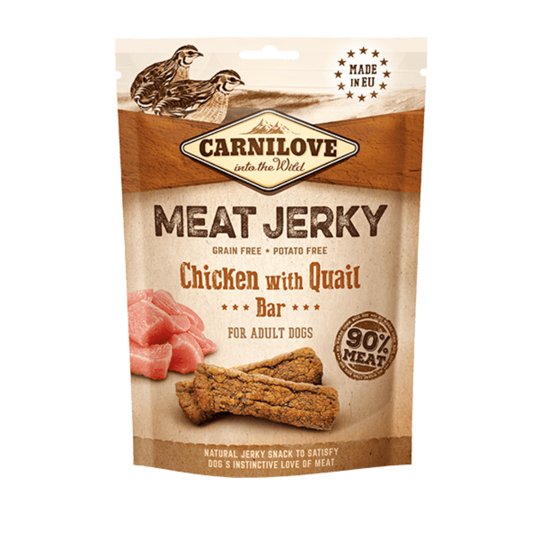 Carnilove Chicken with Quail jerky dog treats. The packaging is against a white background.