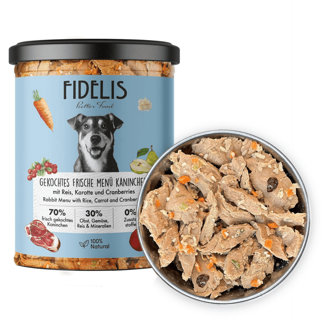 Fidelis Rabbit Menu Glass Jar beside a metal bowl filled with the wet dog food.