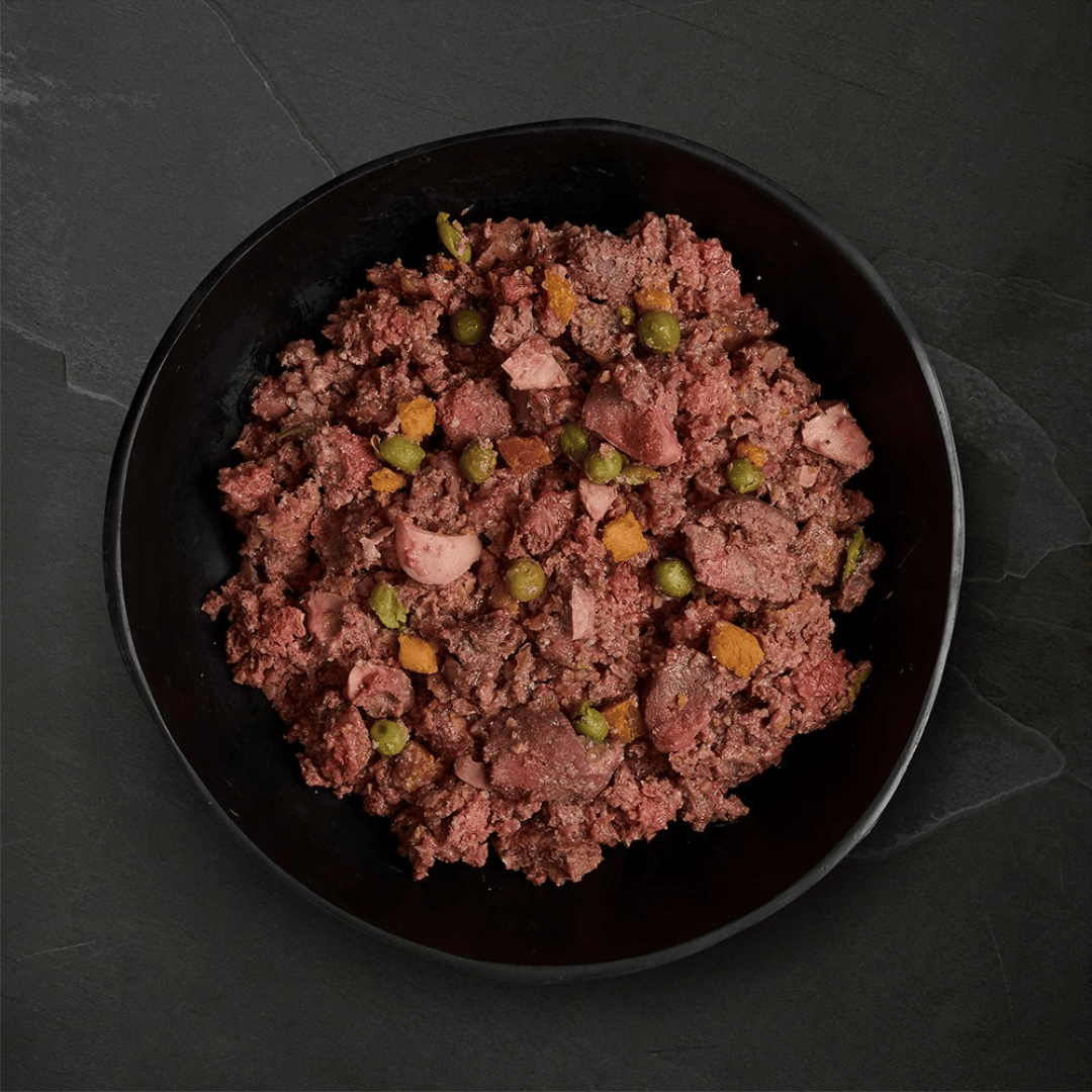 Canagan Venison and Wild Boar Stew Wet Food 400g served in a bowl. Chunky mince like texture with veg.