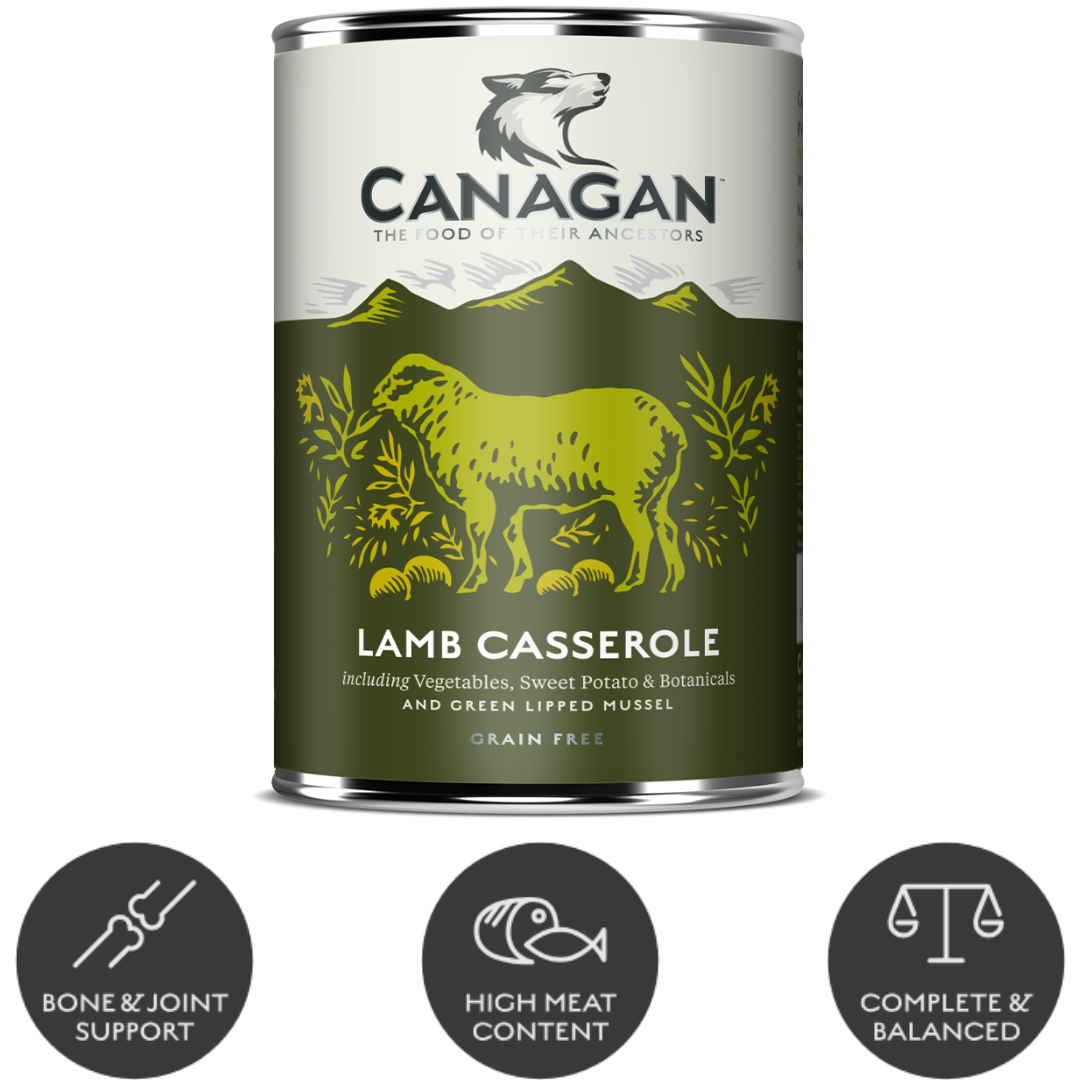 Canagan Shepherd's Pie Wet Dog Food 400g tin with the key benefits underneath in bubbles.
