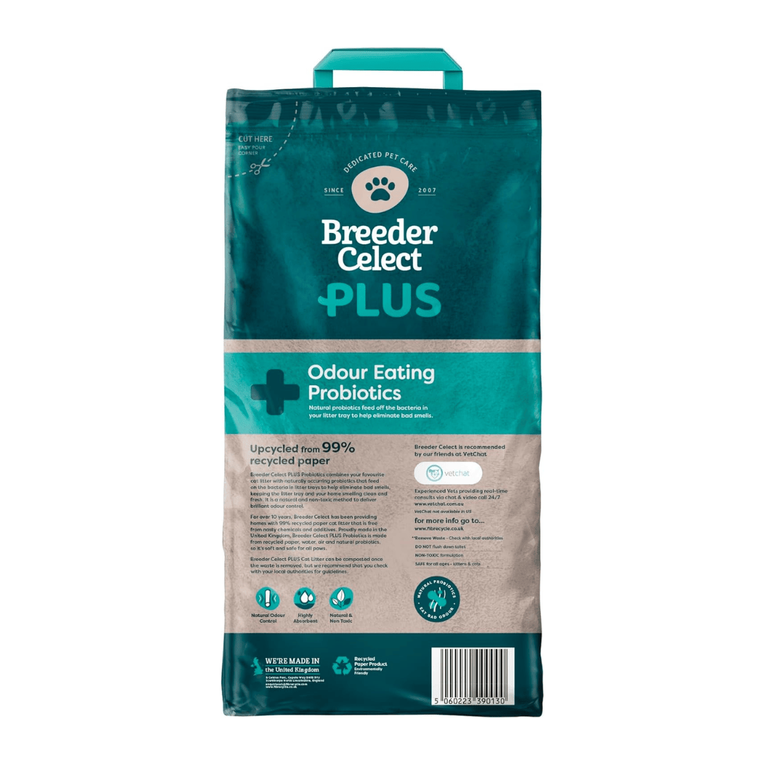 The back of a bag of Breeder Celect Plus Probiotic cat litter.