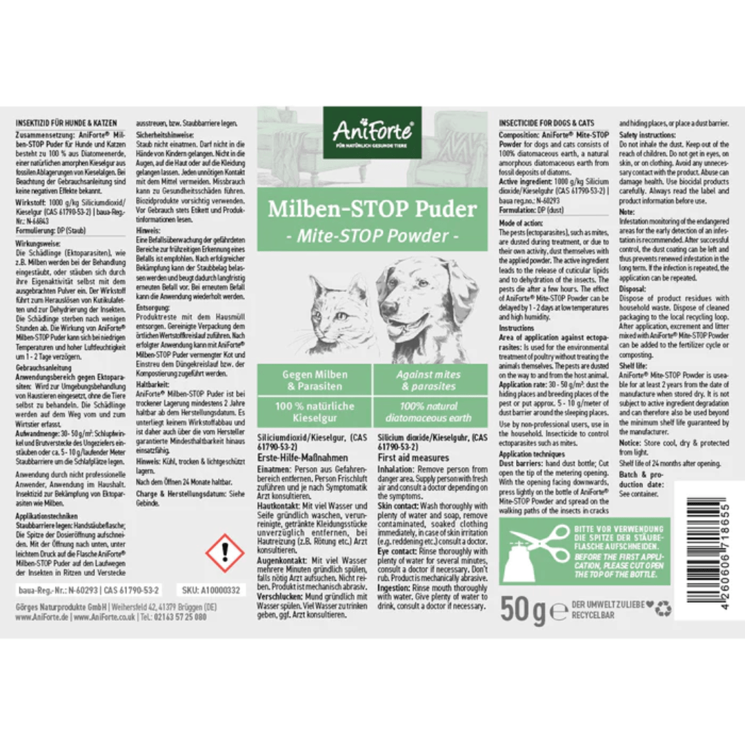 Product label for AniForte Mite Stop Powder