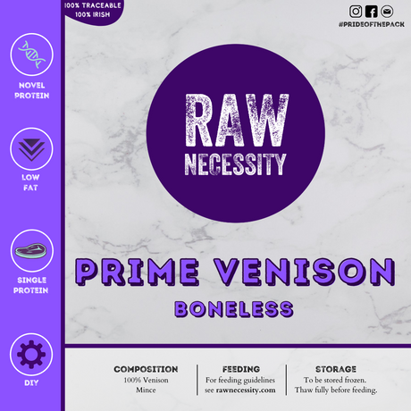 Label for Raw Necessity Boneless Irish Wild Venison dog food.