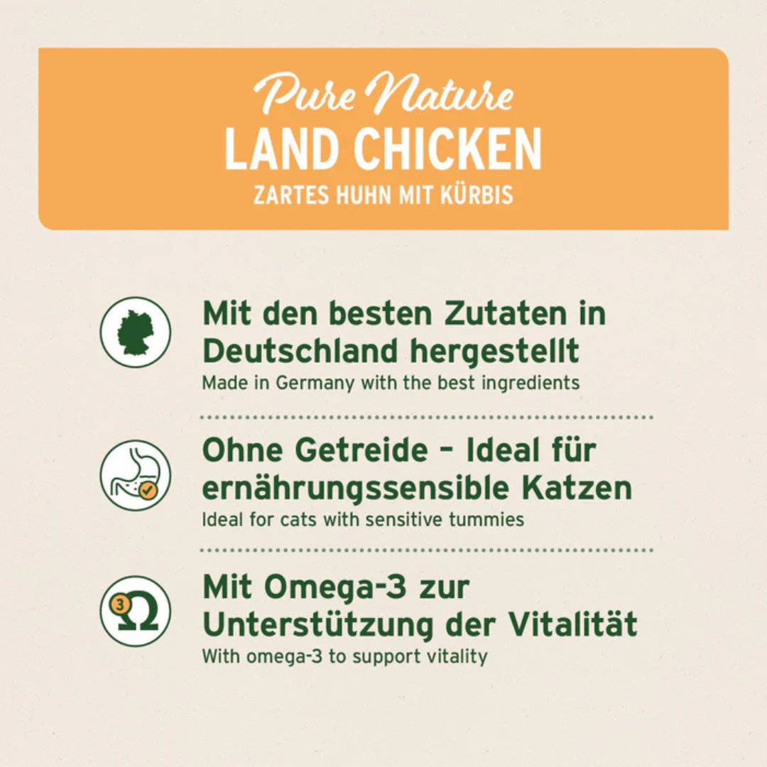 Pure Nature Land Chicken - Made in Germany, Ideal for cats with sensitive tummies, with omega 3 to support vitality.