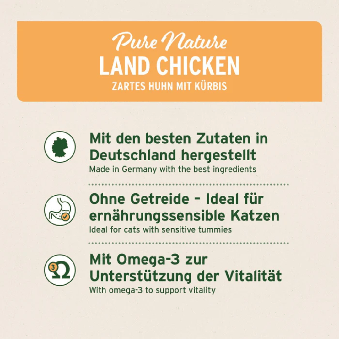 Pure Nature Land Chicken - Made in Germany, Ideal for cats with sensitive tummies, with omega 3 to support vitality.