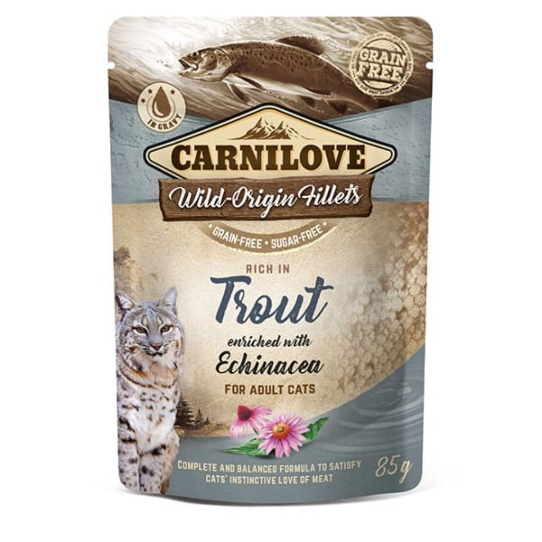 Carnilove Trout with Echinacea cat food pouches 85g. The Packaging is against a white background.