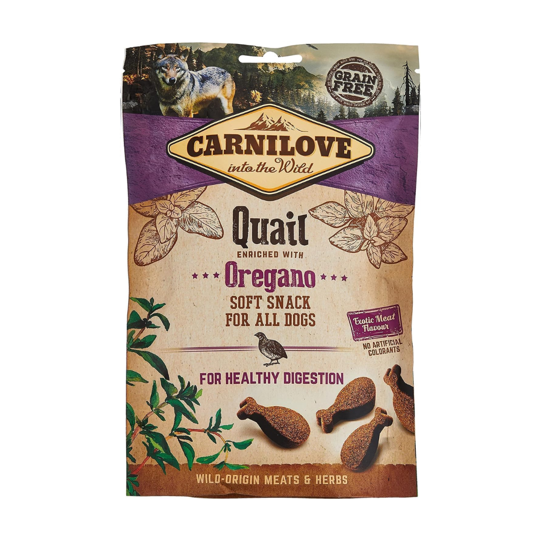 Carnilove Quail with Oregano soft snack dog treats. Packaging is against a white background.