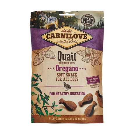 Carnilove Quail with Oregano soft snack dog treats. Packaging is against a white background.
