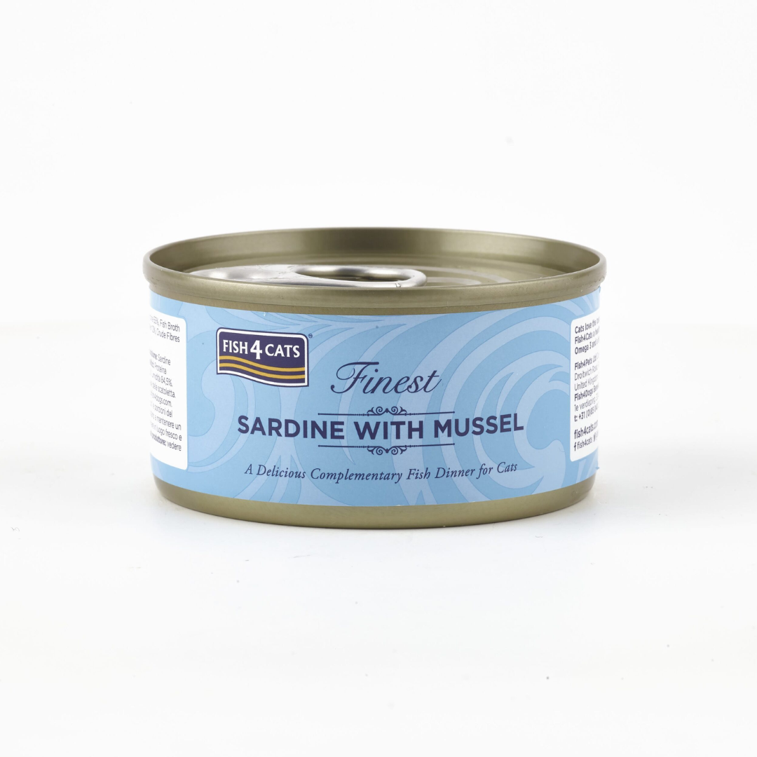 The Fish 4 Dogs Sardine with Mussel tin 70g. The tin is against a white background.