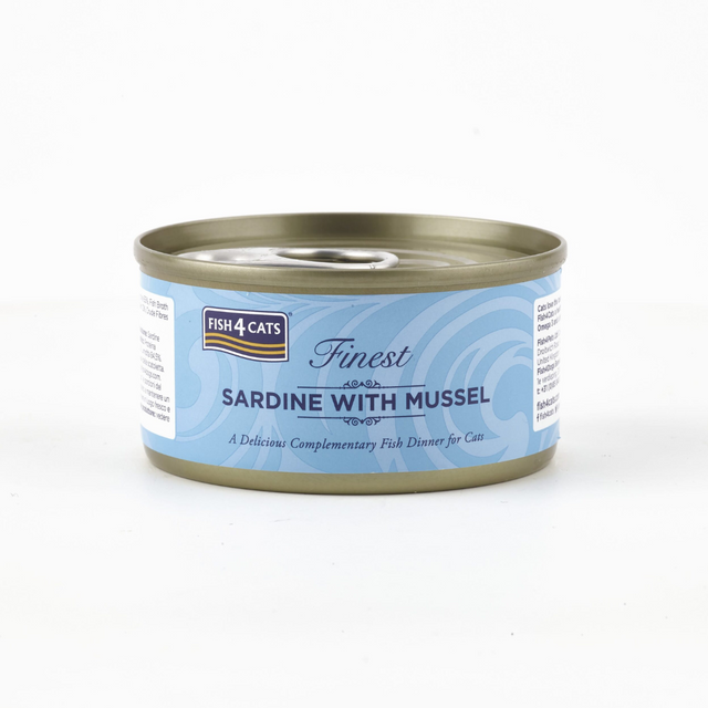 The Fish 4 Dogs Sardine with Mussel tin 70g. The tin is against a white background.