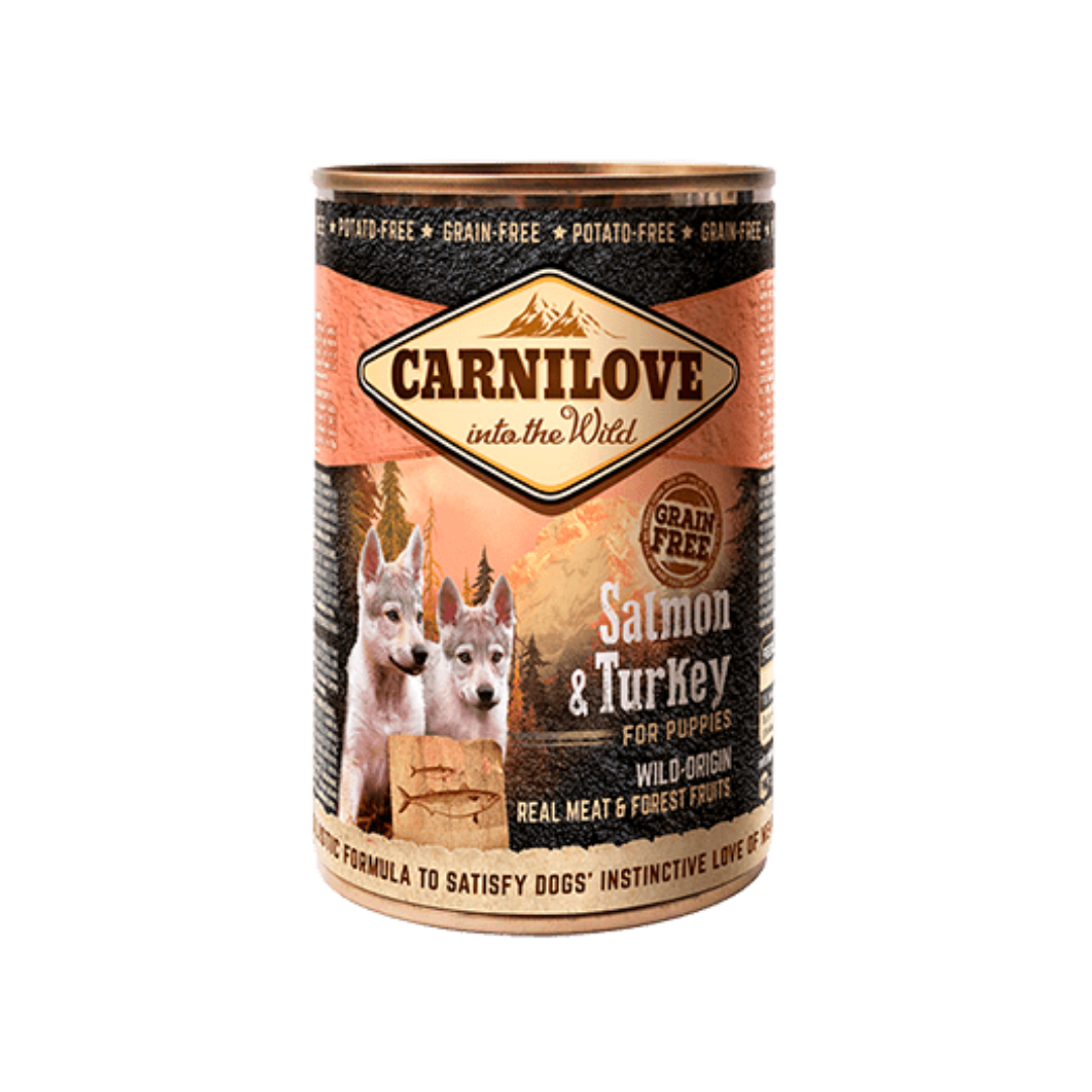 Carnilove Salmon & Turkey wet dog food tin for puppies against a white background