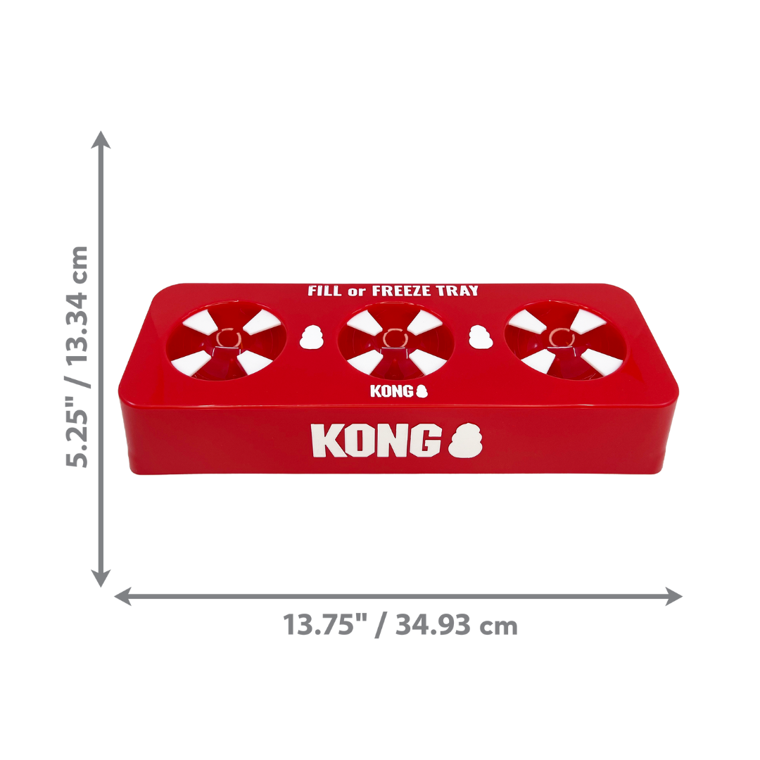Kong fill or freeze tray against a white background. Measurements of product displayed here.