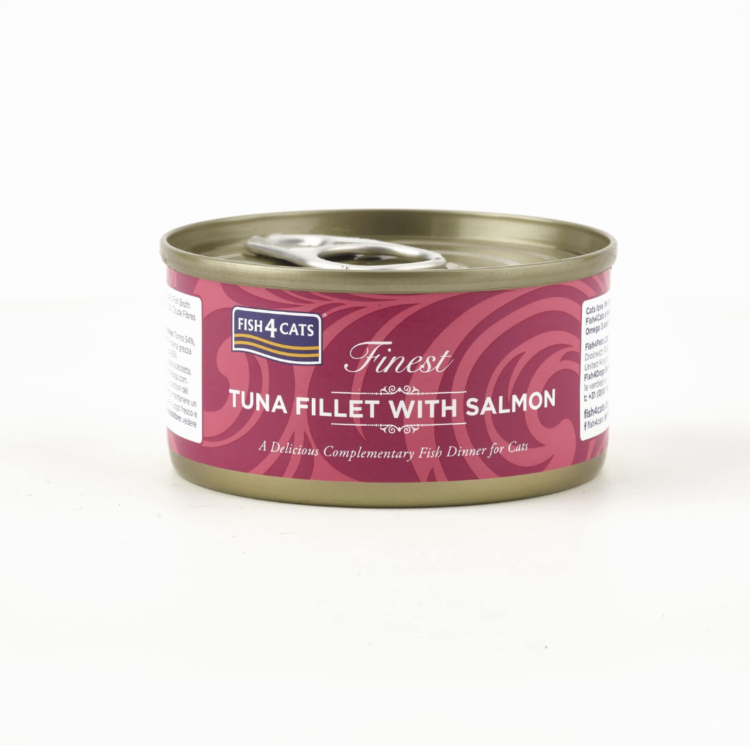Fish 4 Cats Tuna & Salmon Tin 70g against a white background.