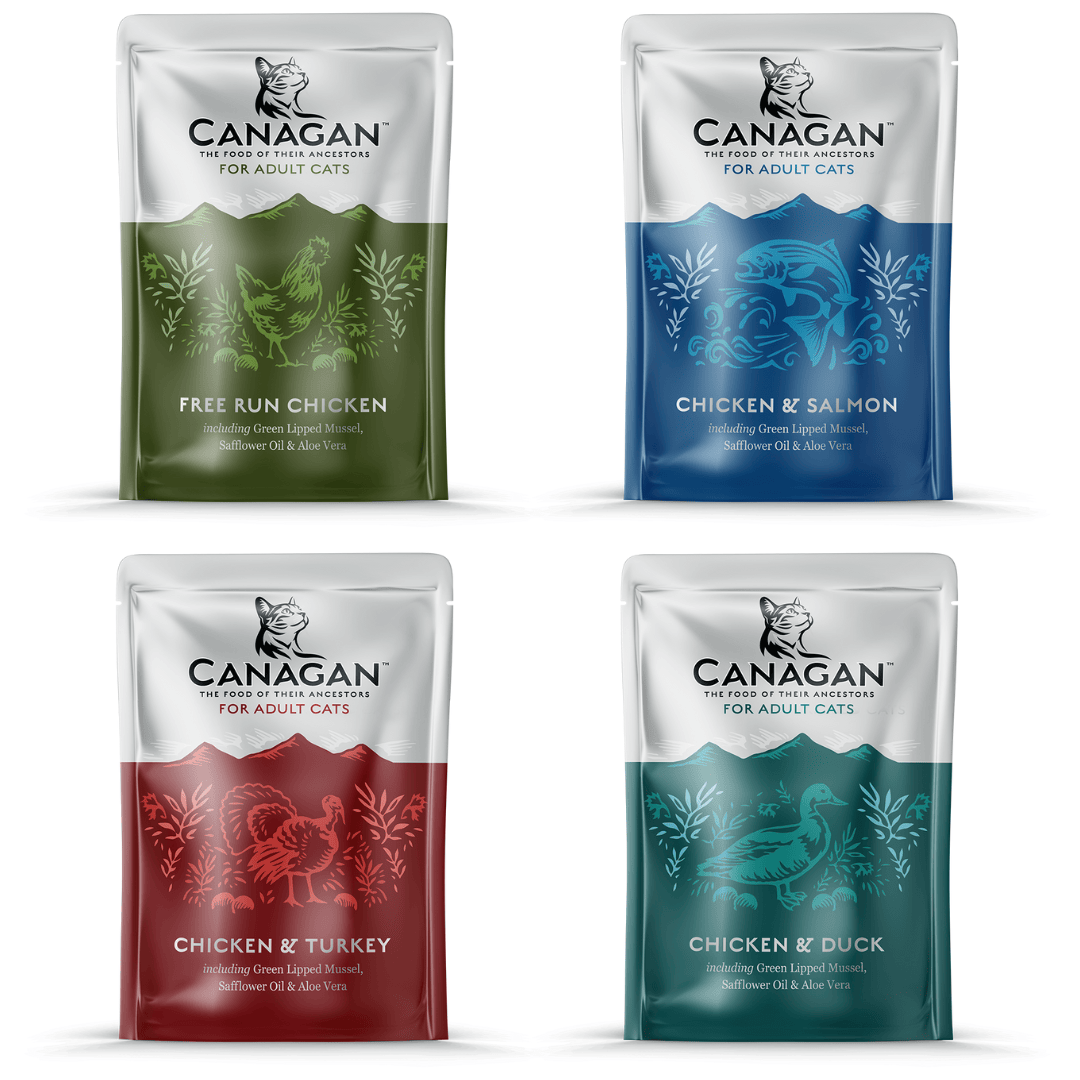 Each flavour of the multipack including: Free Run Chicken, Chicken & Salmon, Chicken & Turkey, and Chicken& Duck.