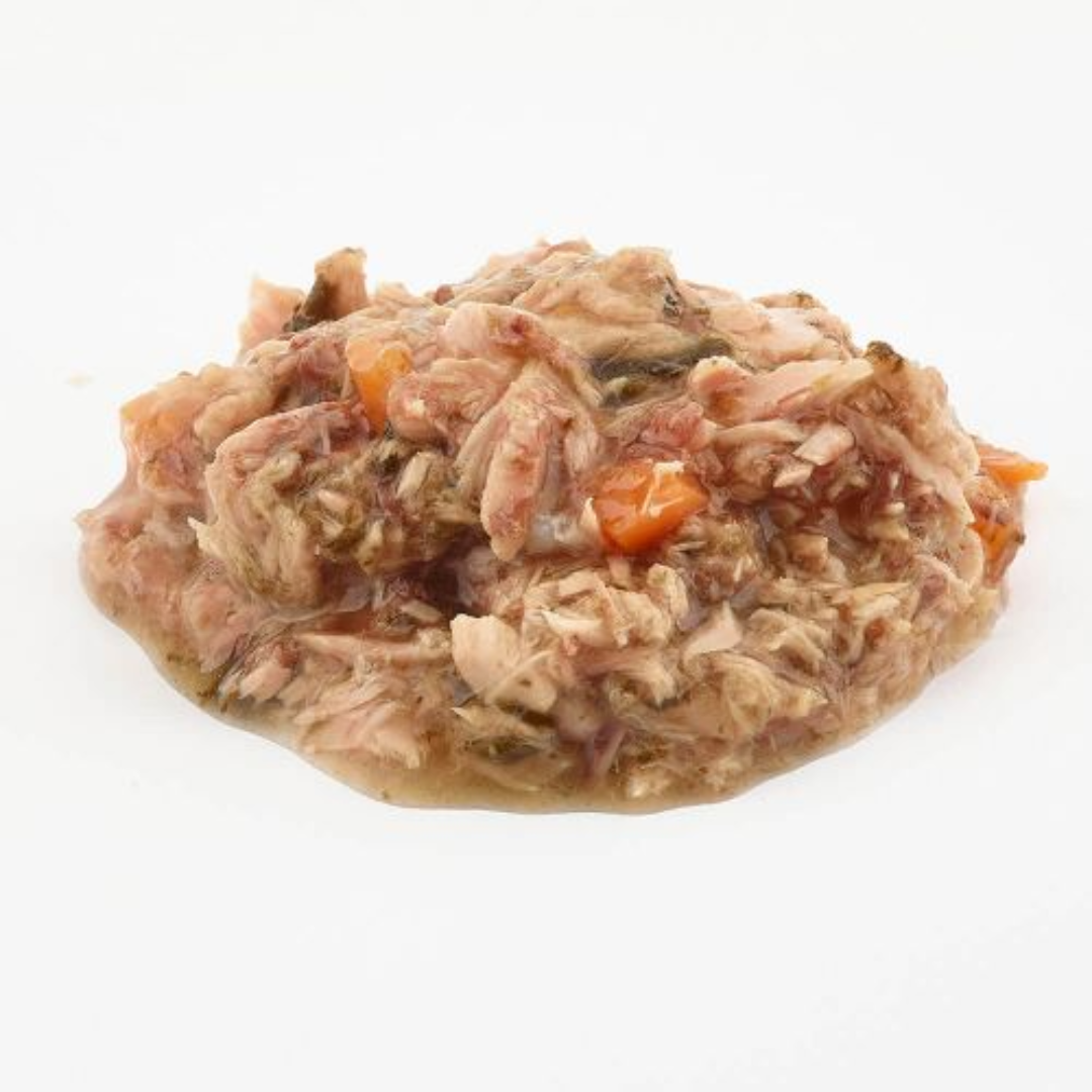 Fish 4 Dogs Finest Tuna with Spinach and Carrot on a white background.