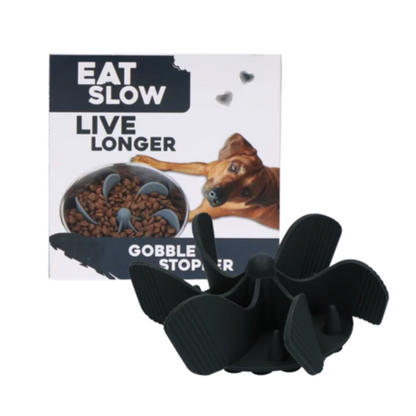 Eat Slow Live Longer Gobble Stopper in front of its box.