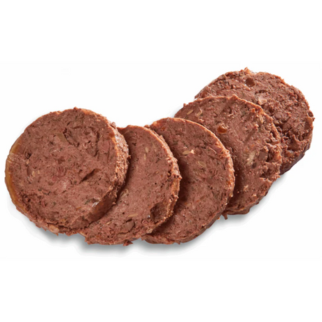 Country Hunter Duck & Turkey Dog Food Tin, the product has been removed from the packaging. It is chopped up into slices. You can see a meaty food with jelly like sections, and chunks of veg.
All Products of this multipack will have a similar consistency.