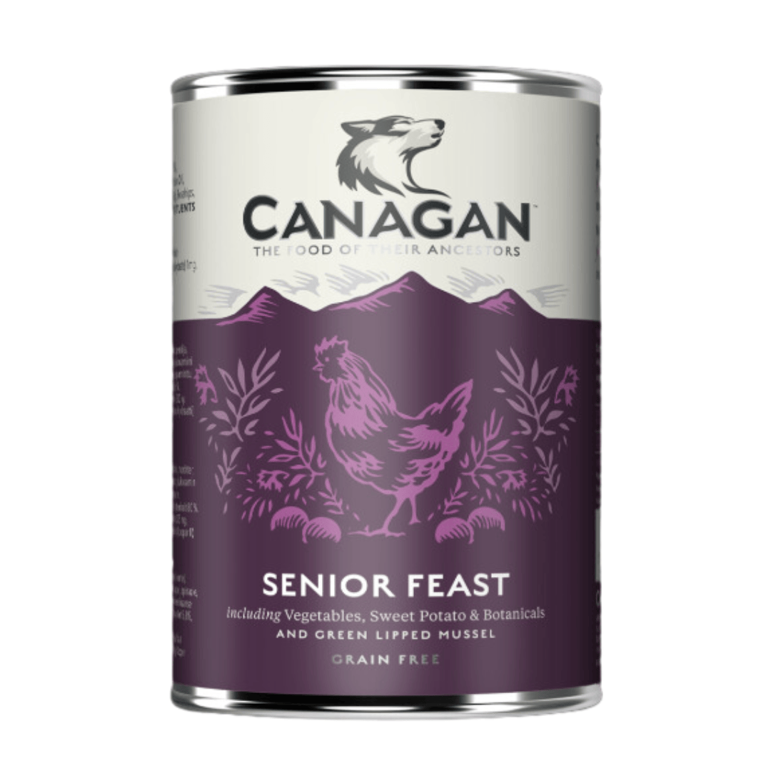 Canagan Senior Feast Wet Dog Food 400g tin against a white background.