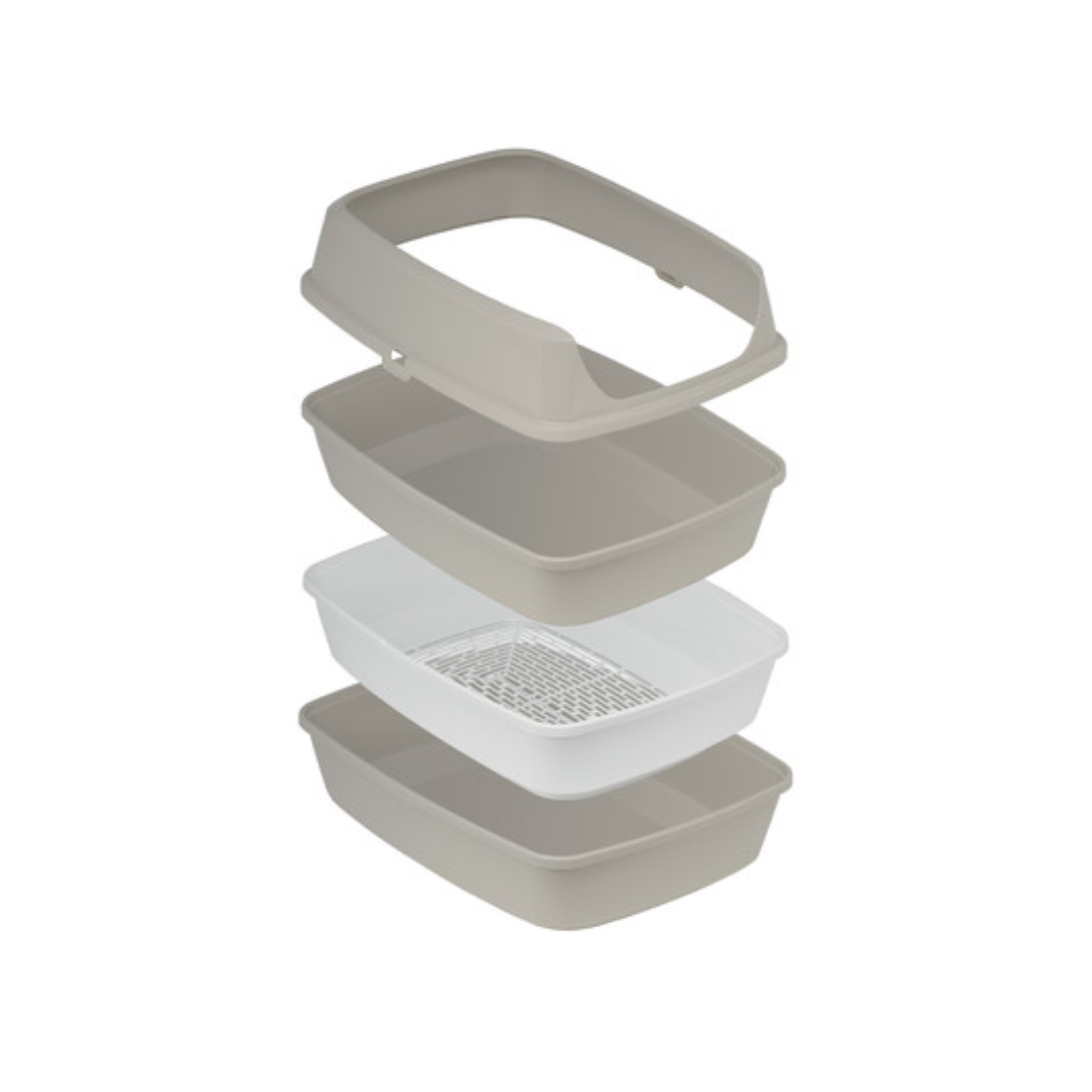Moderna Lift to Sift Cat Litter Tray in the colour warm grey. This photo shows all the 4 parts separated showing every level