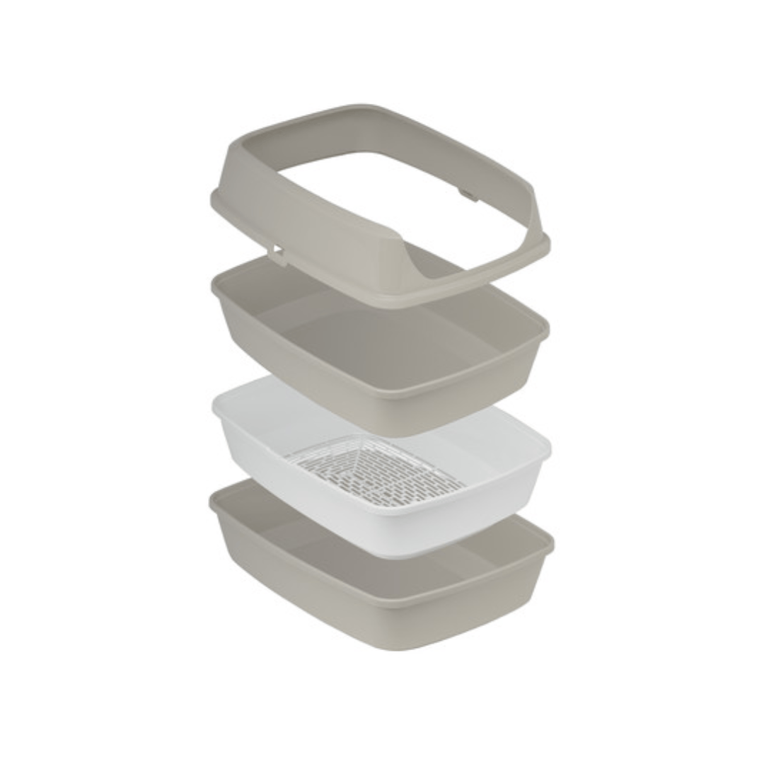Moderna Lift to Sift Cat Litter Tray in the colour warm grey. This photo shows all the 4 parts separated showing every level