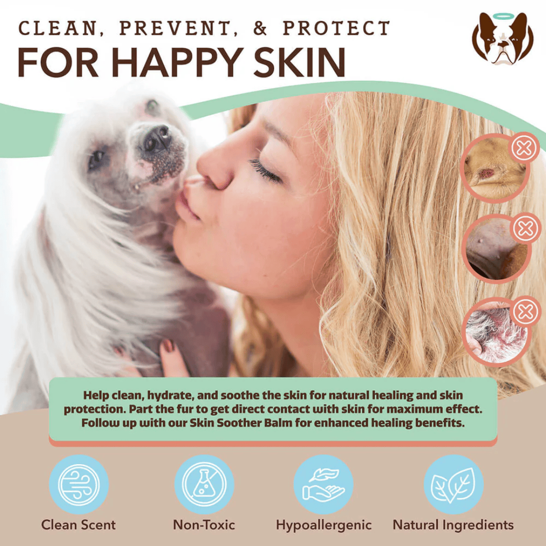 An image of a woman kissing their white dog with a list of benefits and uses for the Natural Dog Company Skin Soother Wipes